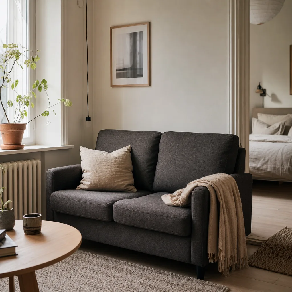 Kompakt tvåsitssoffa i ett litet skandinaviskt vardagsrum med ombonad stämning