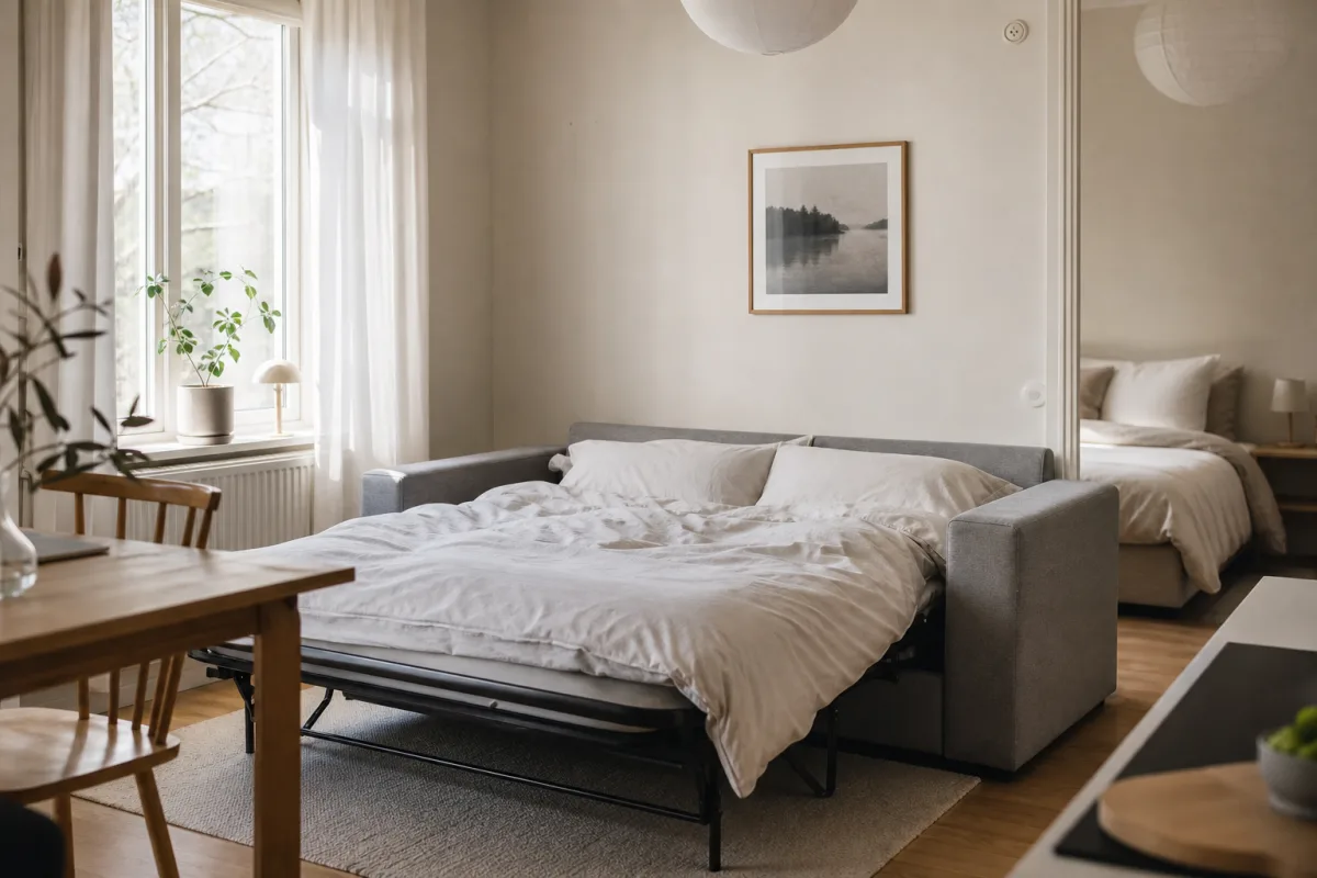 Bäddsoffa i nordiskt vardagsrum delvis utfälld för övernattning