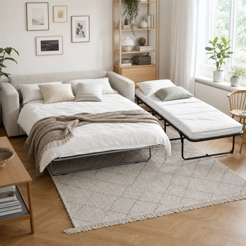 Bäddsoffa i utfällt läge bredvid hopfällbar gästsäng i nordiskt vardagsrum