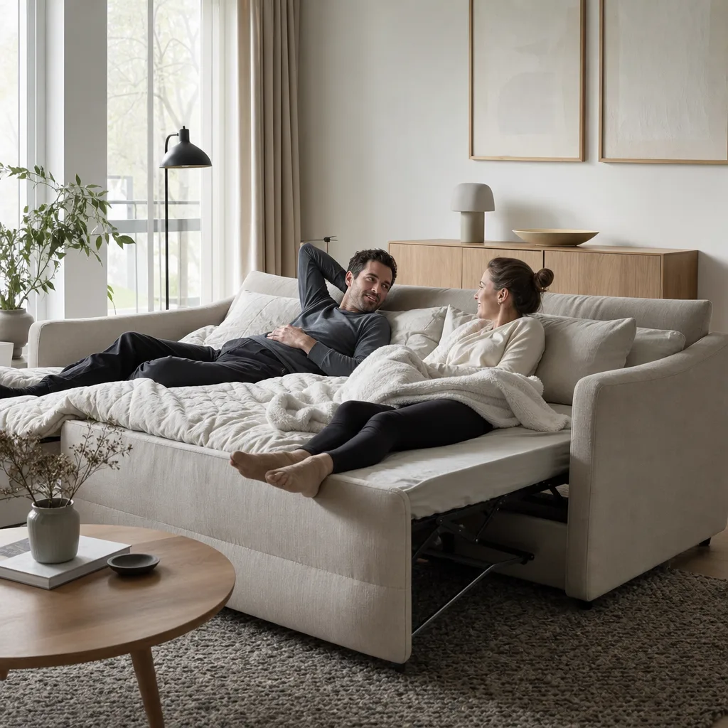 Par testar bäddsoffa i skandinaviskt vardagsrum
