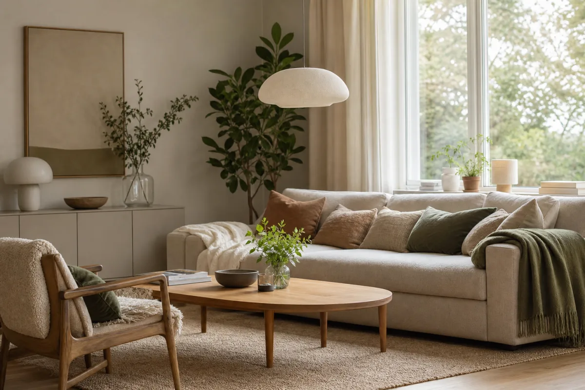 Välvald soffa i nordiskt vardagsrum med fokus på komfort, mått och material