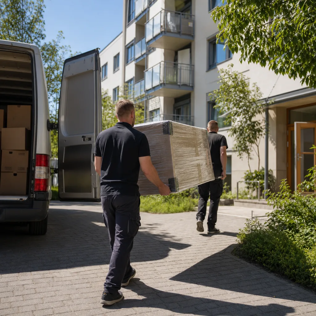 Leveranspersonal med möbelpaket vid flerfamiljshus
