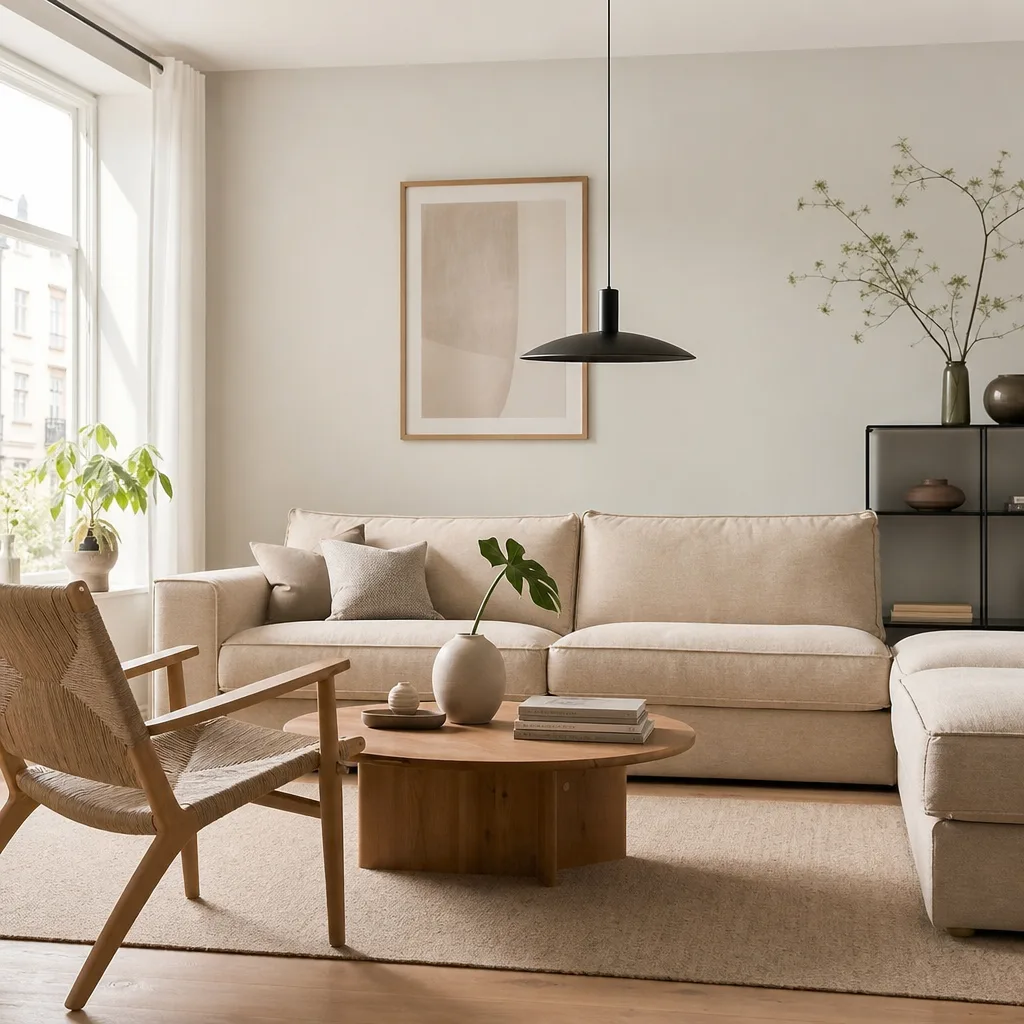 Enkelt nordiskt vardagsrum med prisvärd soffa