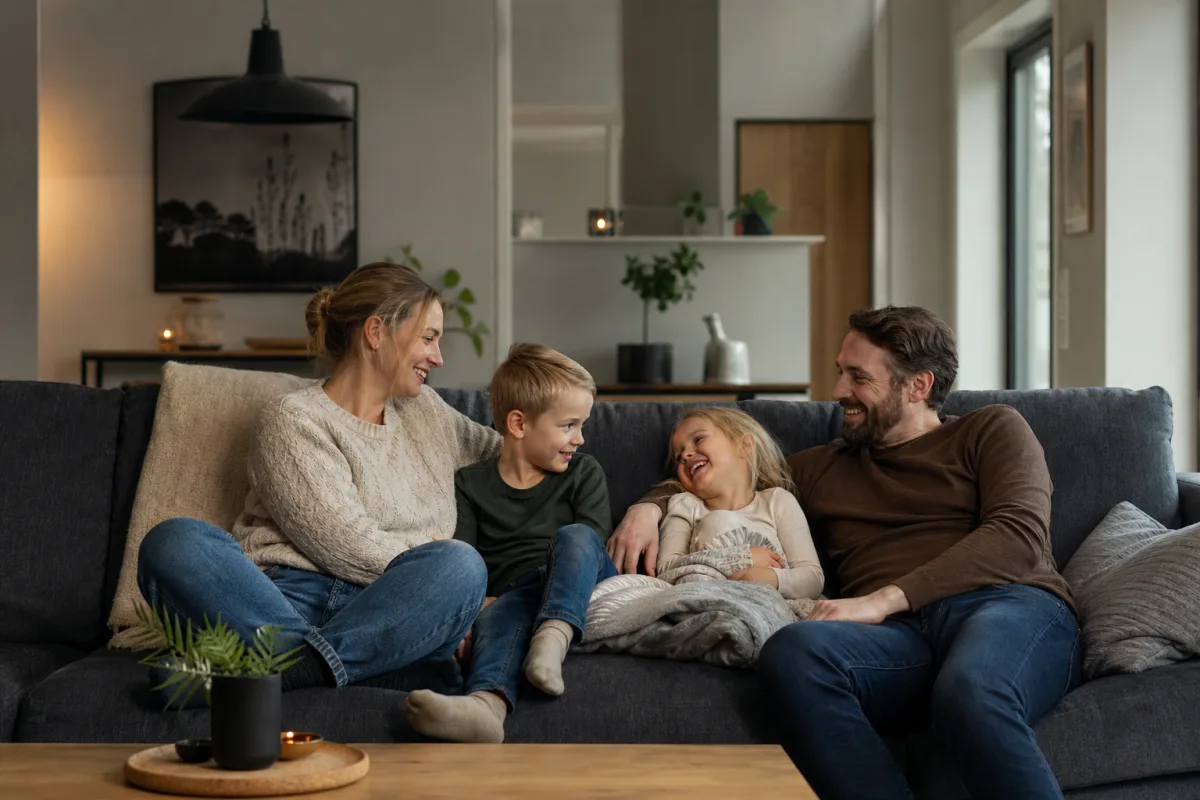 Rymlig familjesoffa i ett vardagsrum med plats för flera personer