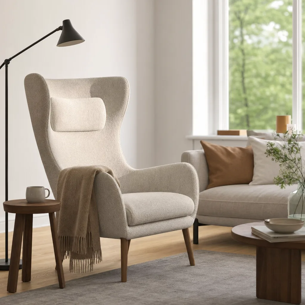 Nordisk läsfåtölj med hög rygg bredvid soffa, med golvlampa och sidobord i skandinavisk läshörna
