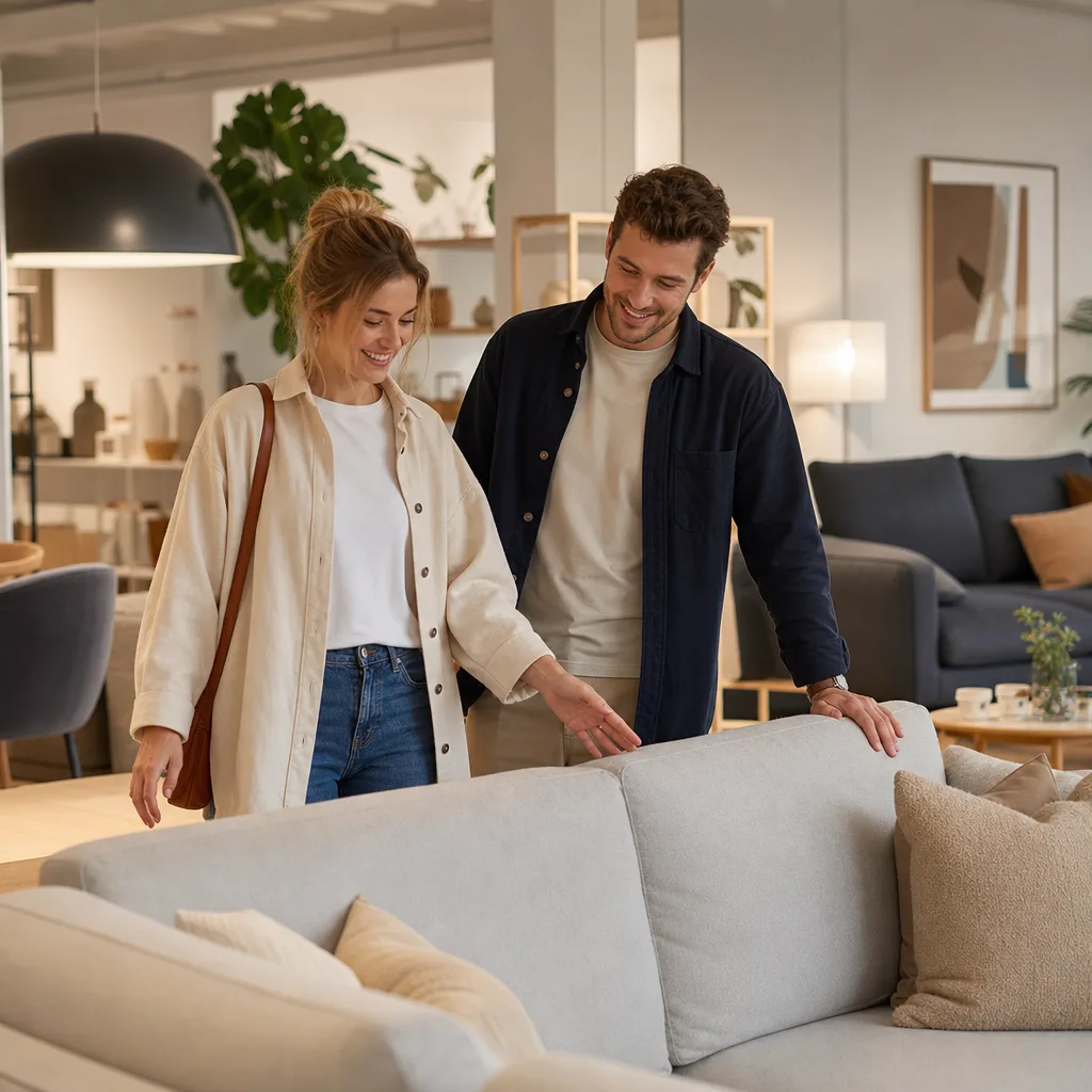 Ungt par som väljer sin första soffa till den nya lägenheten
