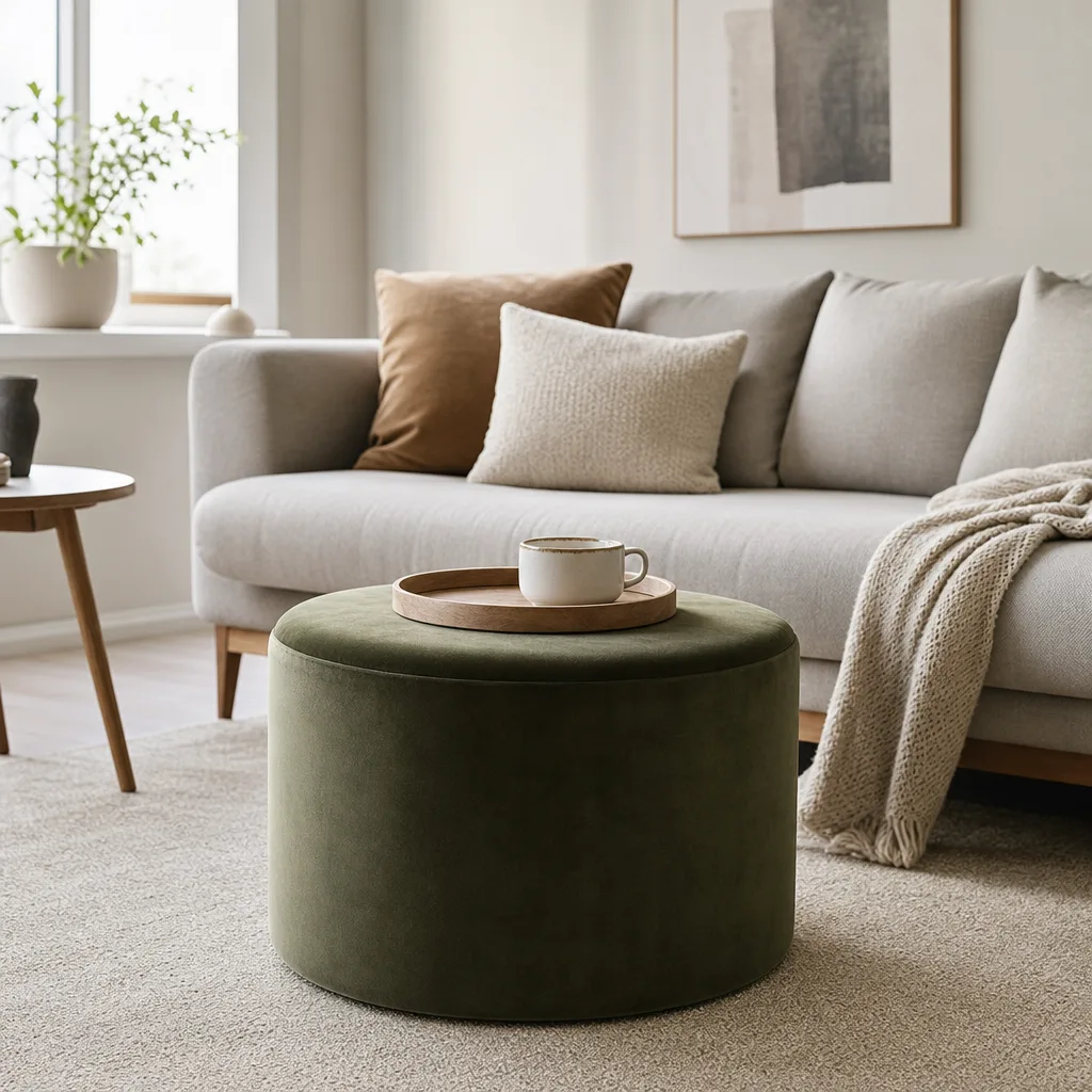 Rund sittpuff framför nordisk soffa med bricka och kopp i skandinaviskt vardagsrum