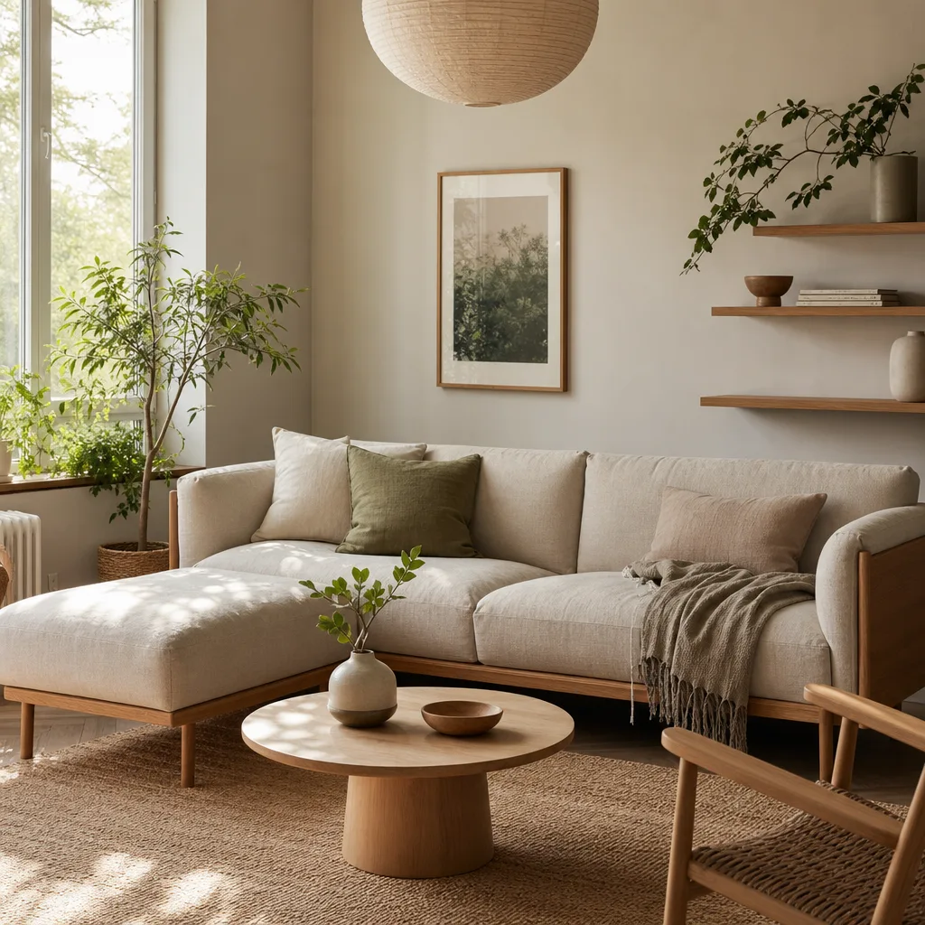 Skandinavisk interiör med soffa i naturmaterial som linne och trä
