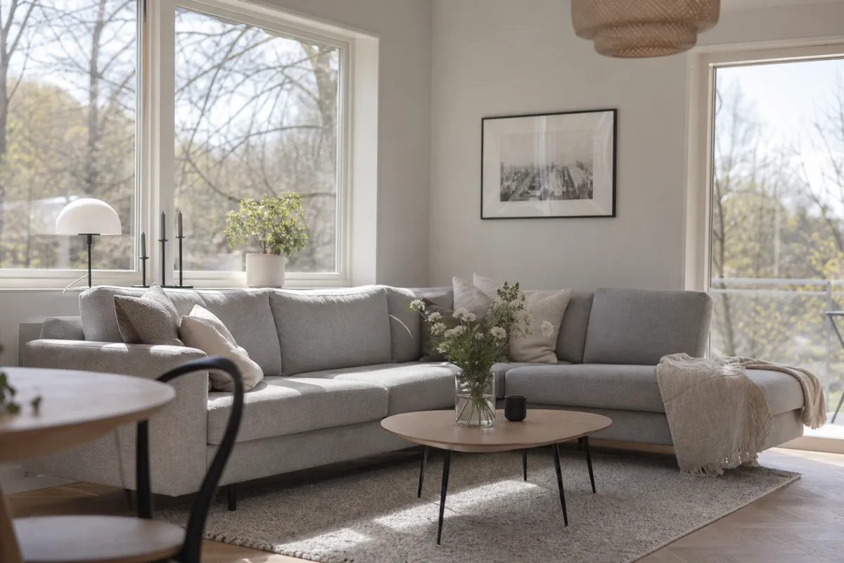 Stor hörnsoffa i ljust skandinaviskt vardagsrum med tydlig L-form