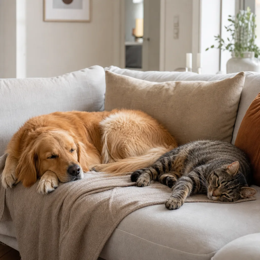 Hund och katt som vilar på en soffa i ett skandinaviskt hem