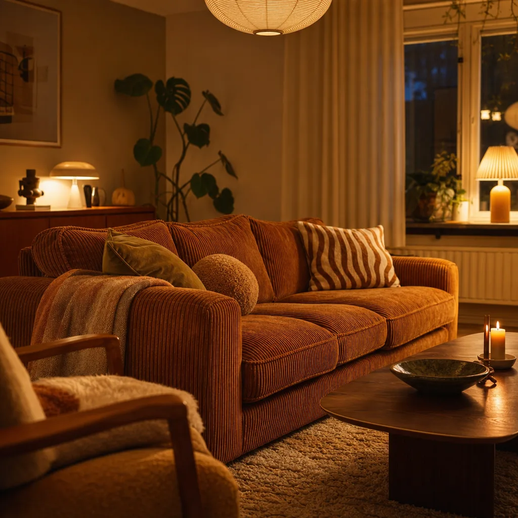 Manchestersoffa i varm amber-brun i retro-inspirerat nordiskt hem