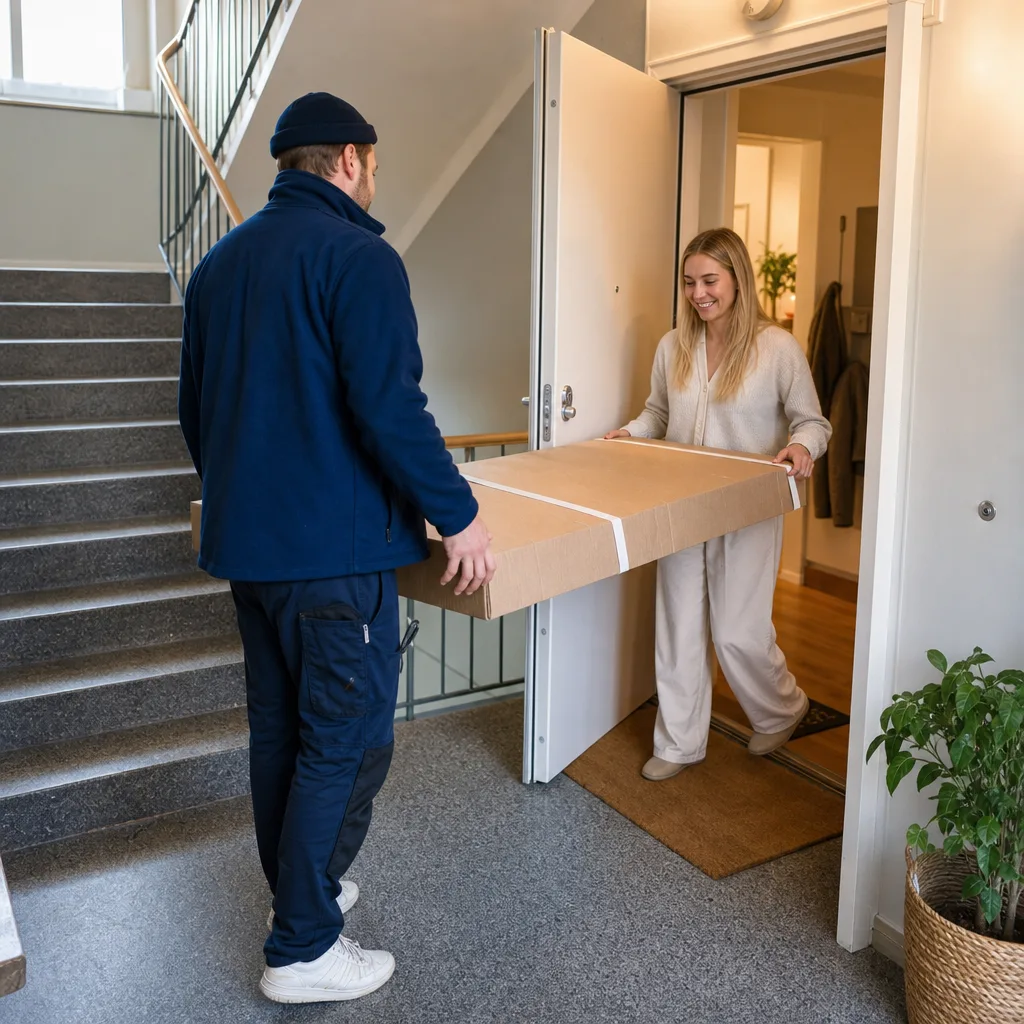Person tar emot soffaleverans vid lägenhetsdörr i nordisk trappuppgång