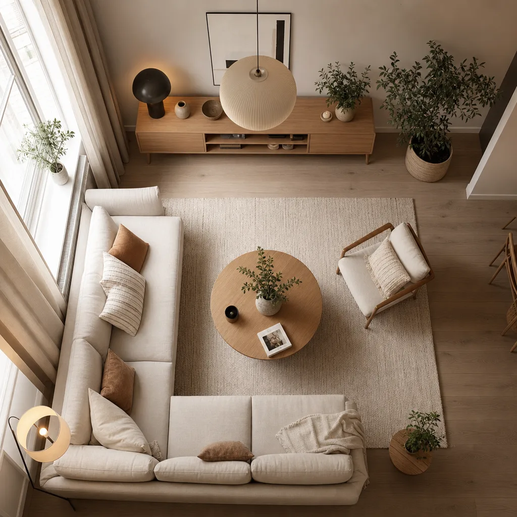 Skandinaviskt vardagsrum sett uppifrån med soffa i optimal placering och möbelupplägg