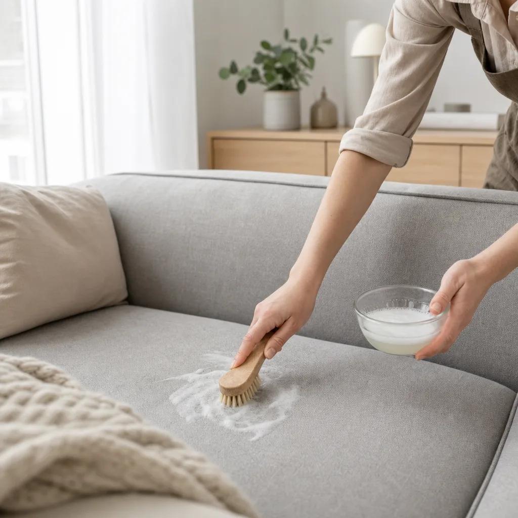 Person rengör tygsoffa med mjuk borste och milt tvättmedel