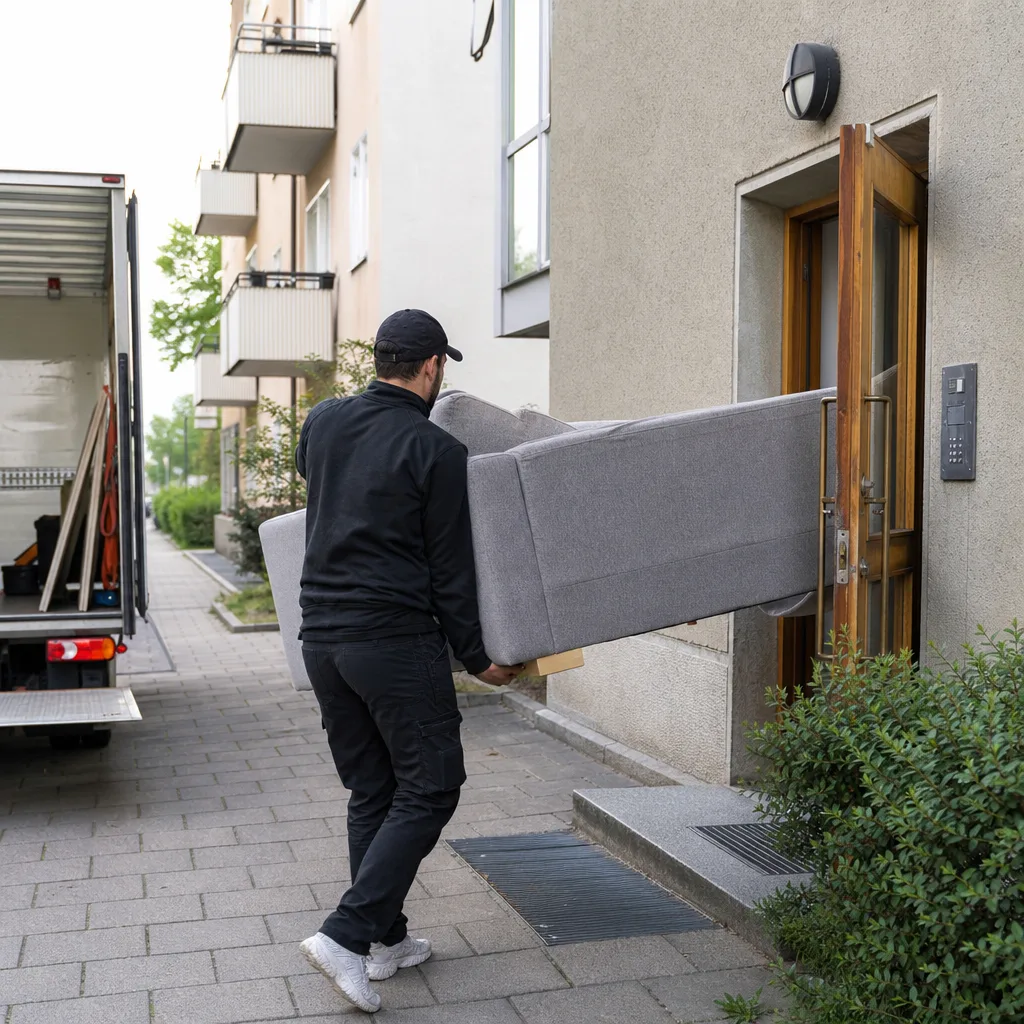 Leveransperson som hanterar en stor soffa vid en svensk lägenhet