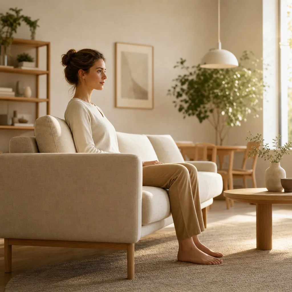 Person sitter och testar sittdjupet på en soffa i rätt ergonomisk position