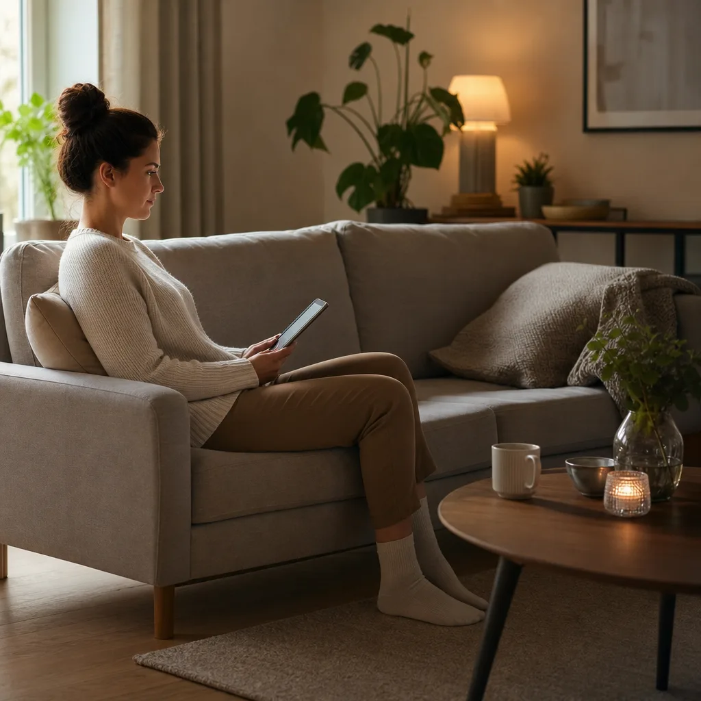 Person i korrekt ergonomisk sittposition på en soffa i ett skandinaviskt vardagsrum