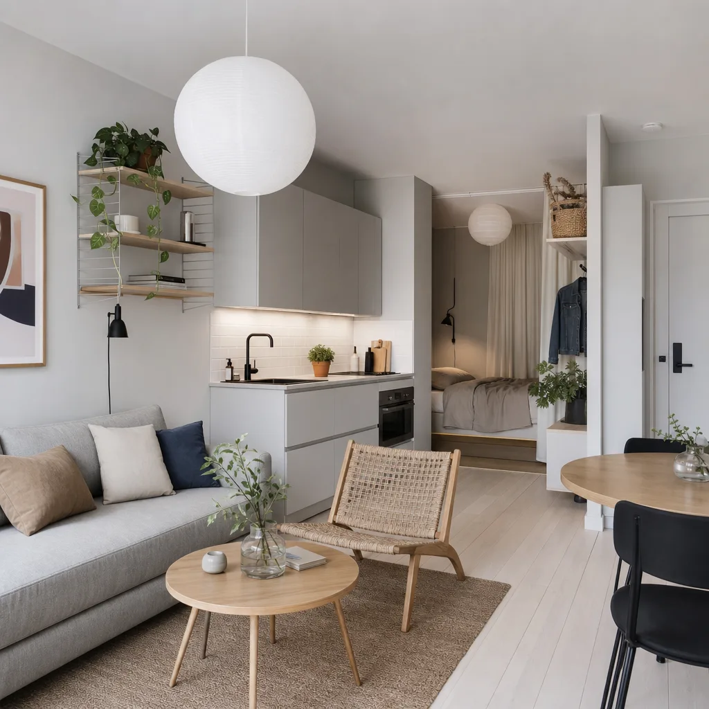 Litet men väldesignat skandinaviskt vardagsrum med kompakt soffa och smart möblering