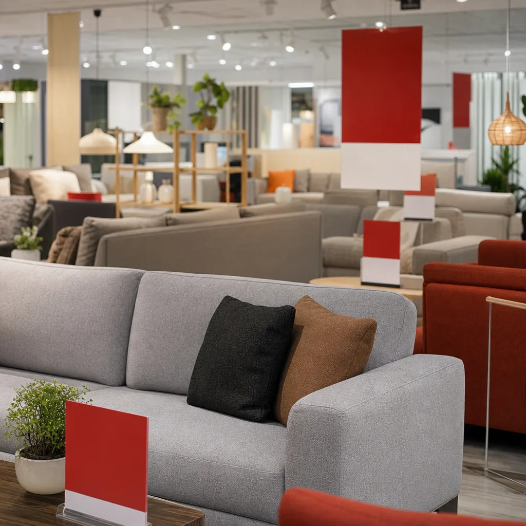 Möbelbutik med reaskyltar och soffor i skandinavisk miljö