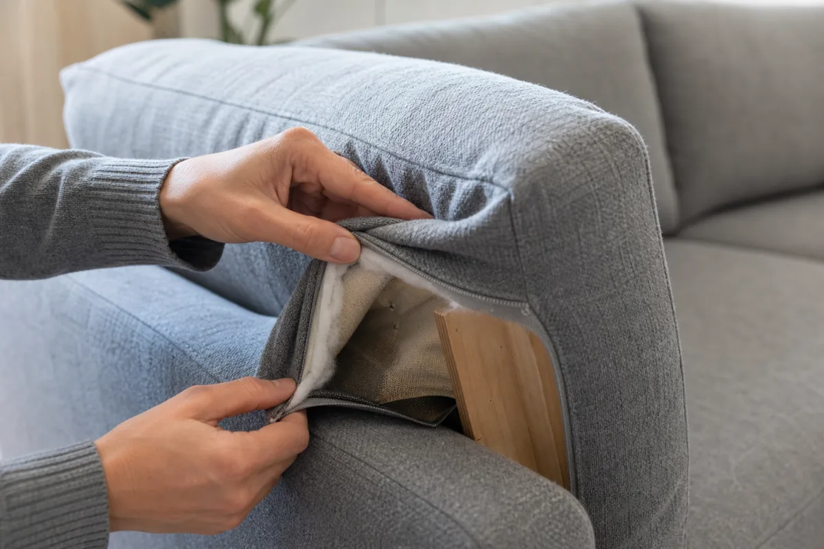 Närbild på stabil soffstomme, sömmar och dynor som visar soffkvalitet