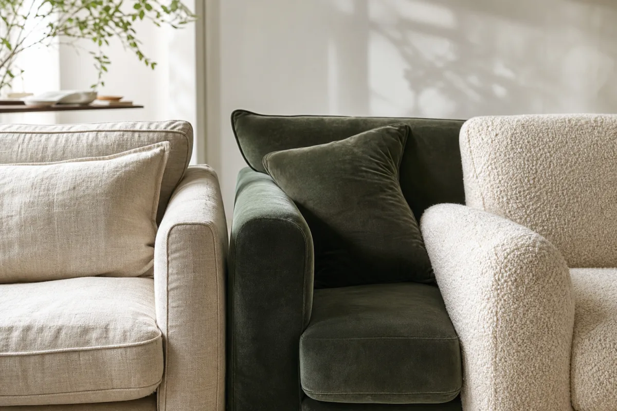 Närbild på olika soffmaterial som linne, sammet, läder och bouclé