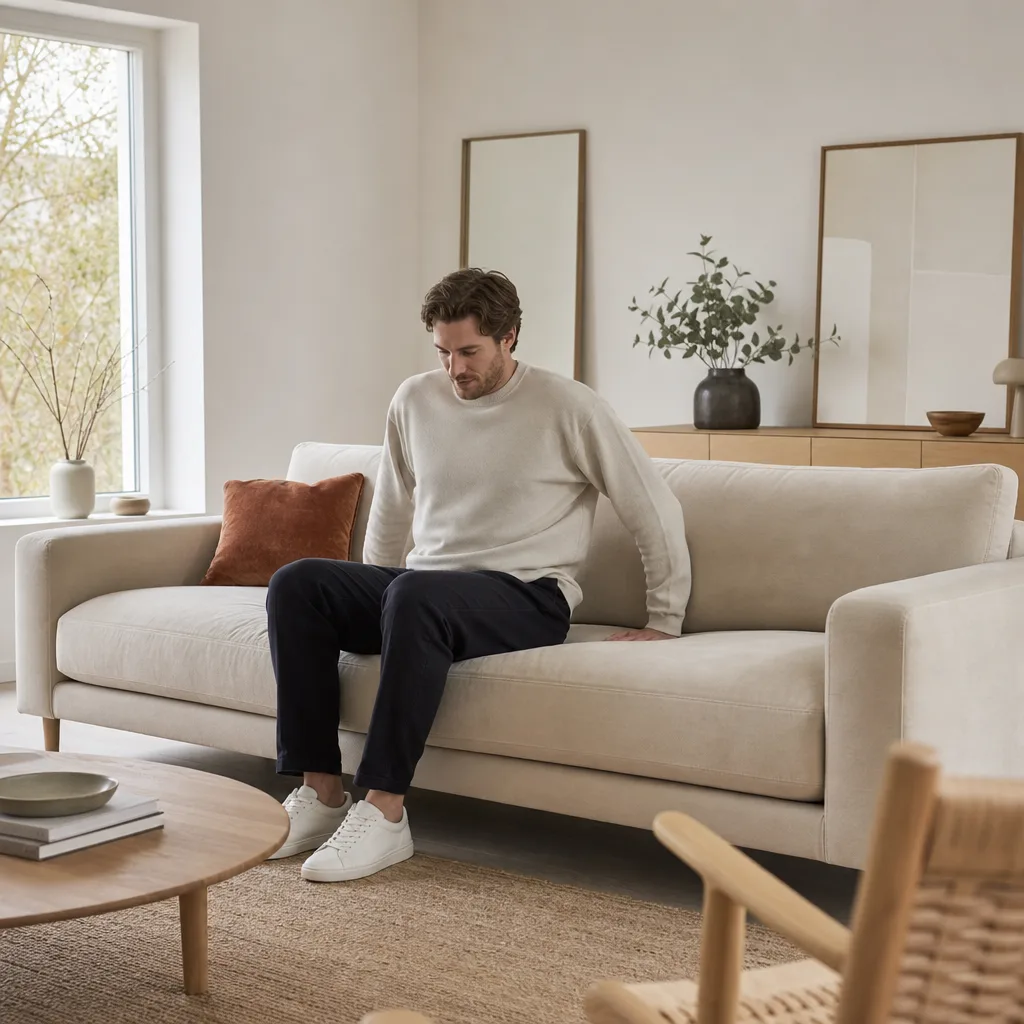 Person sätter sig bestämt i en soffa för att testa fjädring och stomkvalitet
