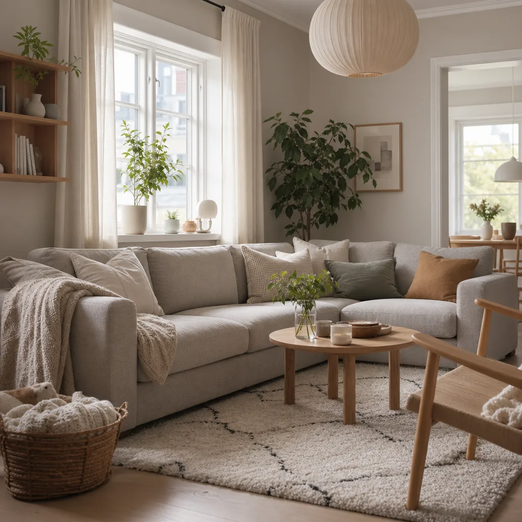 Tygsoffa i grå-beige i modernt skandinaviskt vardagsrum